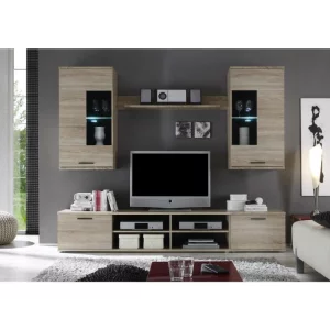 Mobilier de living, cu lumina, stejar sonoma/sticla clara transparenta, FRONTAL 2