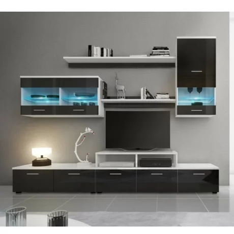 Mobilier living, alb/extra stralucire neagra HG, LEO