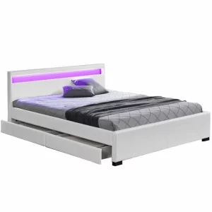 Pat matrimonial, iluminare RGB LED, piele ecologica alba, 160x200, CLARETA