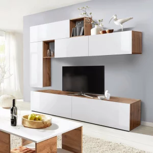 Perete living, alb cu luciu extra ridicat / stejar wotan, MIRALDA