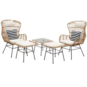Set de gradina din 5 piese din ratan, banda neagra / naturala / bej / alb-negru, VASAL