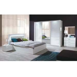 Set dormitor (dulap + pat 160x200 + 2x noptiera), alb/alb lucios HG, ASIENA