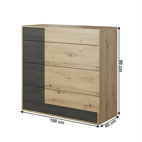 Set dormitor (pat + 2x noptiera + dulap), stejar artizan/ pin norvegian negru, BAFRA